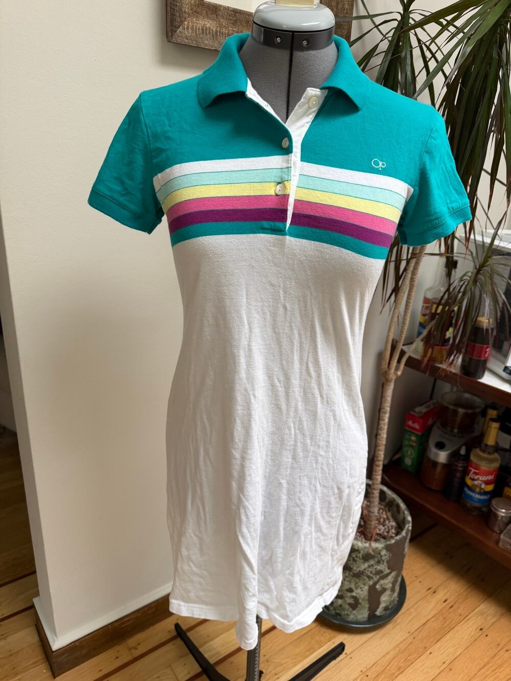 VTG Ocean Pacific Y2K Rainbow Striped Polo Dress Teal White S